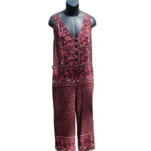 Free People Pinkish Red and Black Floral Open Back Cropped Jumpsuit Size Small